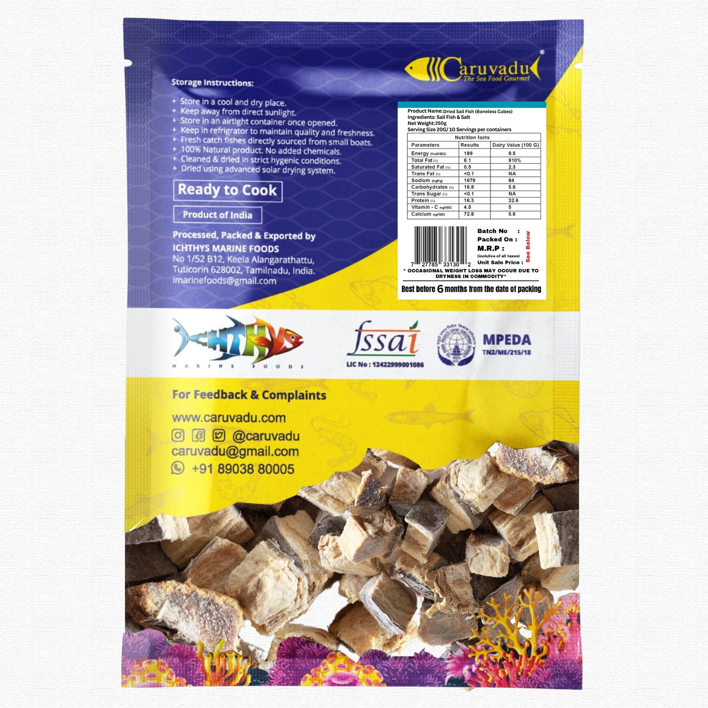 Boneless cubes of dried sail fish, sun-dried to preserve their unique flavor and chewy texture.