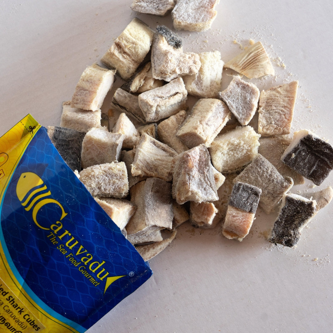 Boneless cubes of sun-dried shark fish, offering a dense texture and rich flavor and rich in nutrients.