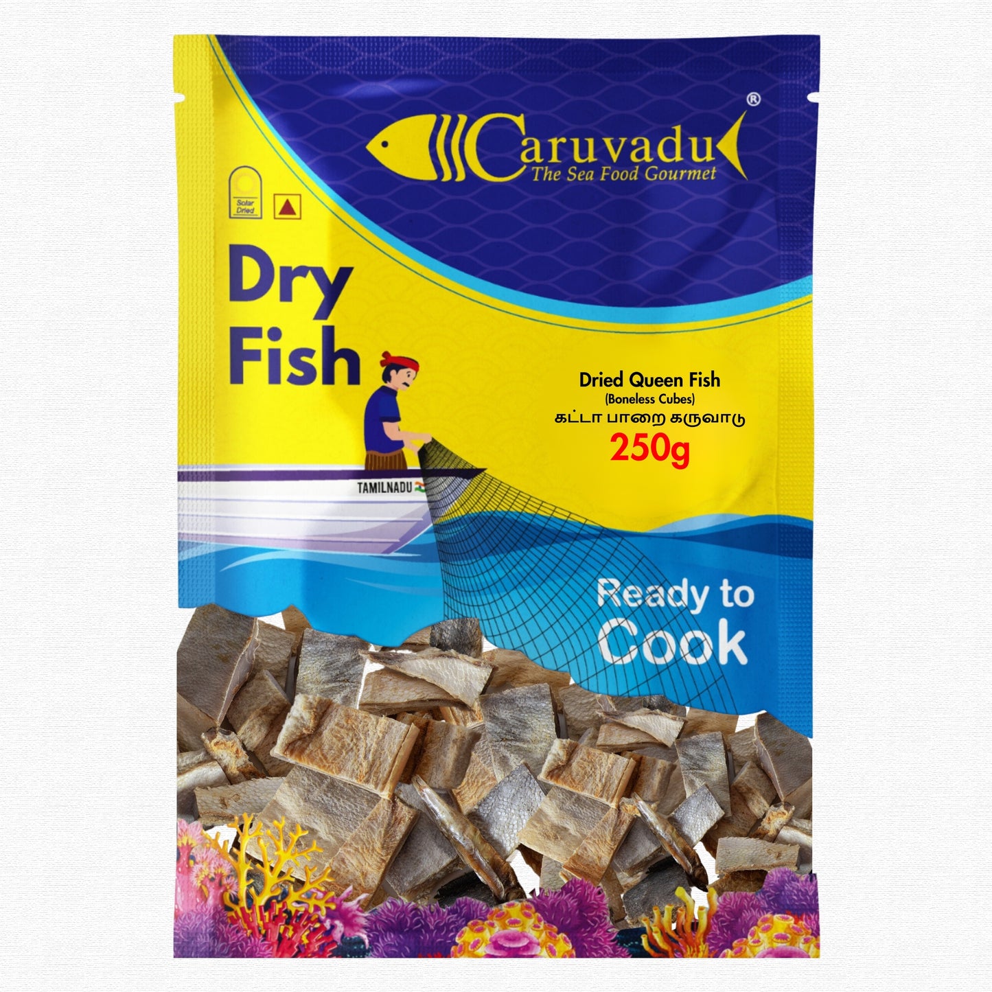 Boneless cubes of sun-dried queen fish, offering a mild flavor and tender texture.