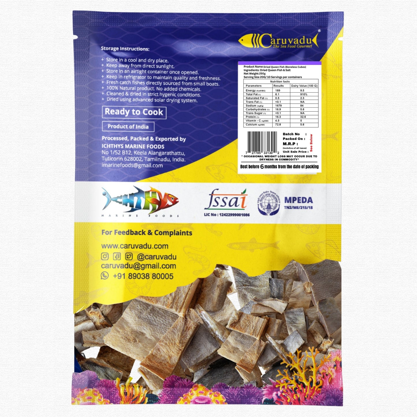Boneless cubes of sun-dried queen fish, offering a mild flavor and tender texture.
