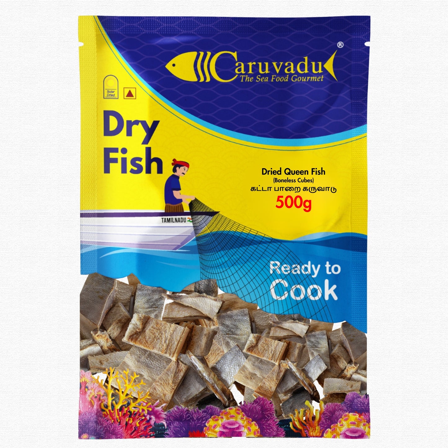 Boneless cubes of sun-dried queen fish, offering a mild flavor and tender texture.