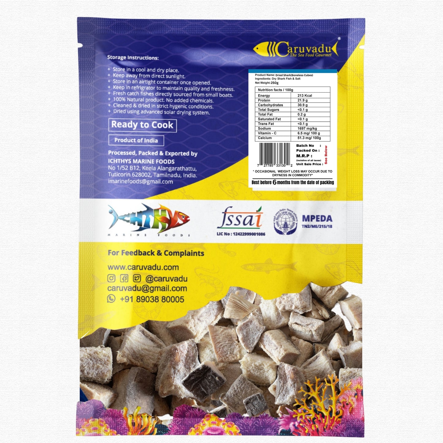 Boneless cubes of sun-dried shark fish, offering a dense texture and rich flavor and rich in nutrients.