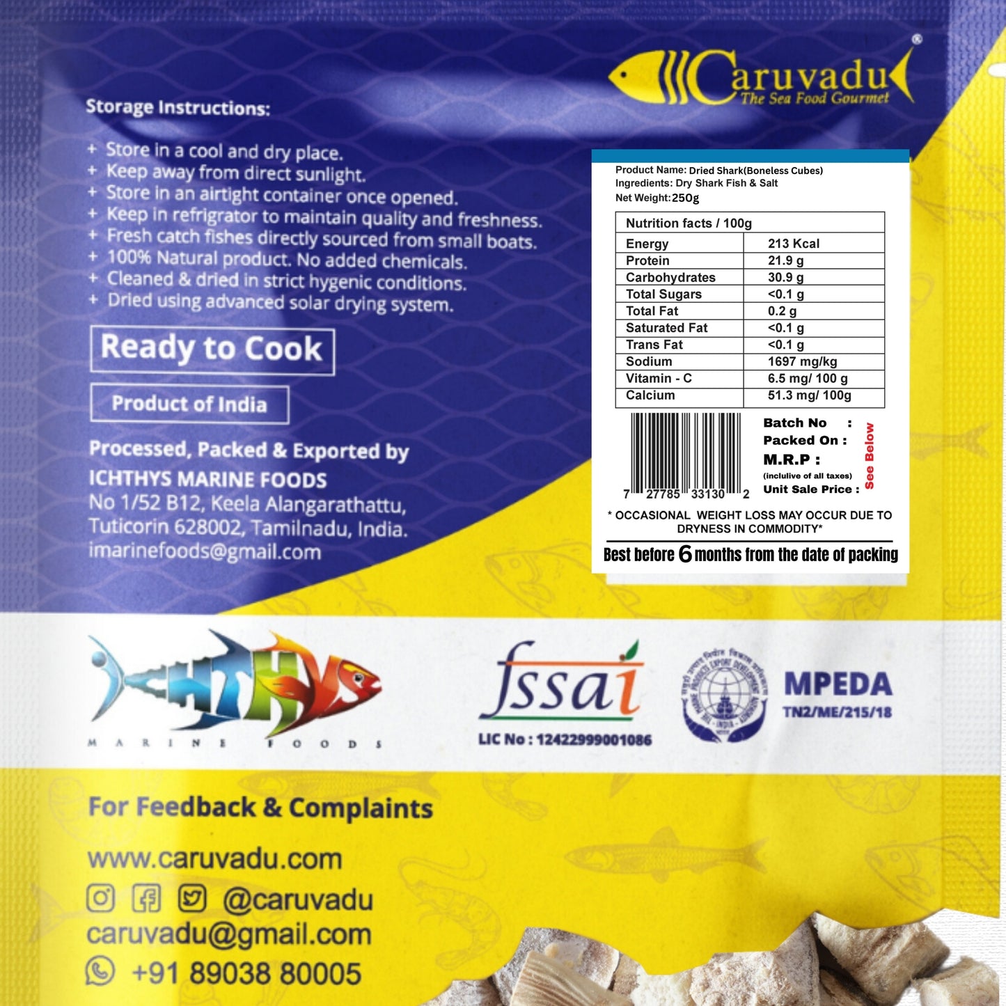Boneless cubes of sun-dried shark fish, offering a dense texture and rich flavor and rich in nutrients.