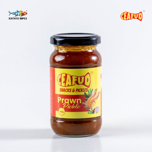 Spicy Thoothukudi-style prawn pickle featuring succulent prawns marinated in a rich blend of traditional spices, showcasing a vibrant red hue