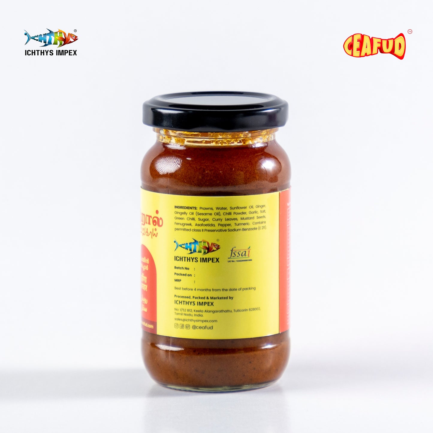 Spicy Thoothukudi-style prawn pickle featuring succulent prawns marinated in a rich blend of traditional spices, showcasing a vibrant red hue