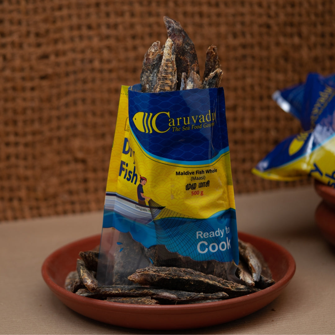 Maasi Karuvadu (Whole) – Traditional dried Maldive fish, dark brown, rich in umami flavor, used in South Indian and Sri Lankan cuisine for curries and chutneys