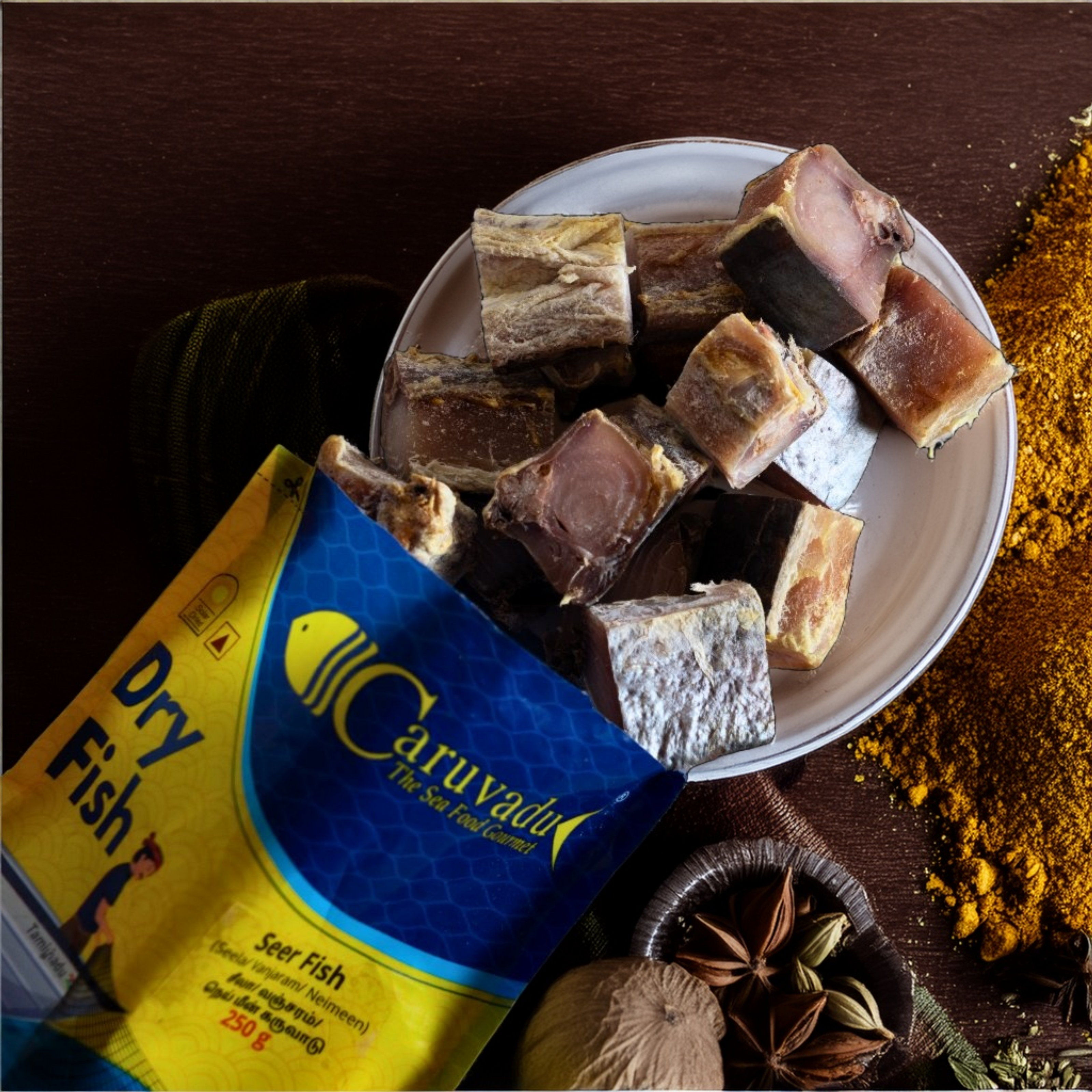 Cubed pieces of sun-dried king fish, known for their firm texture and rich taste.