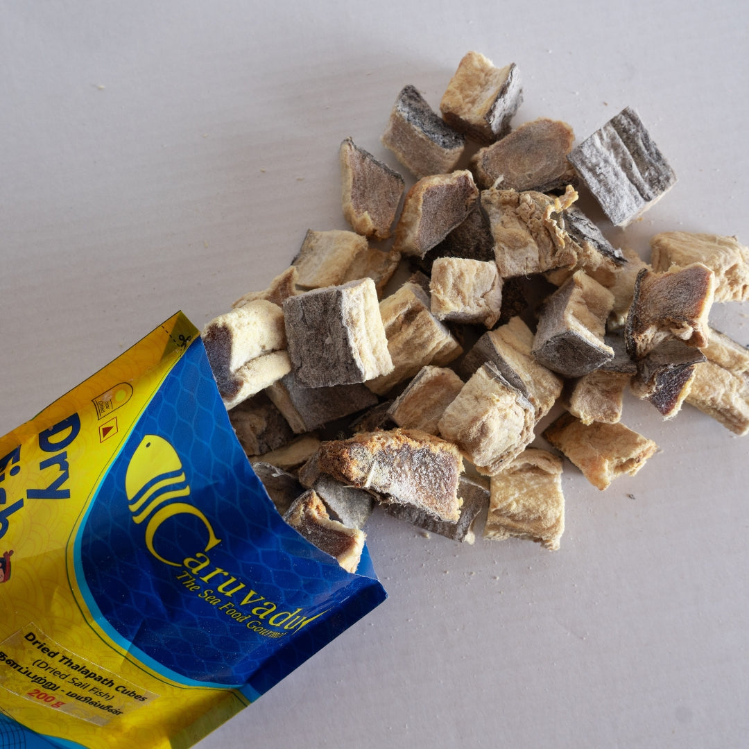 Boneless cubes of dried sail fish, sun-dried to preserve their unique flavor and chewy texture.